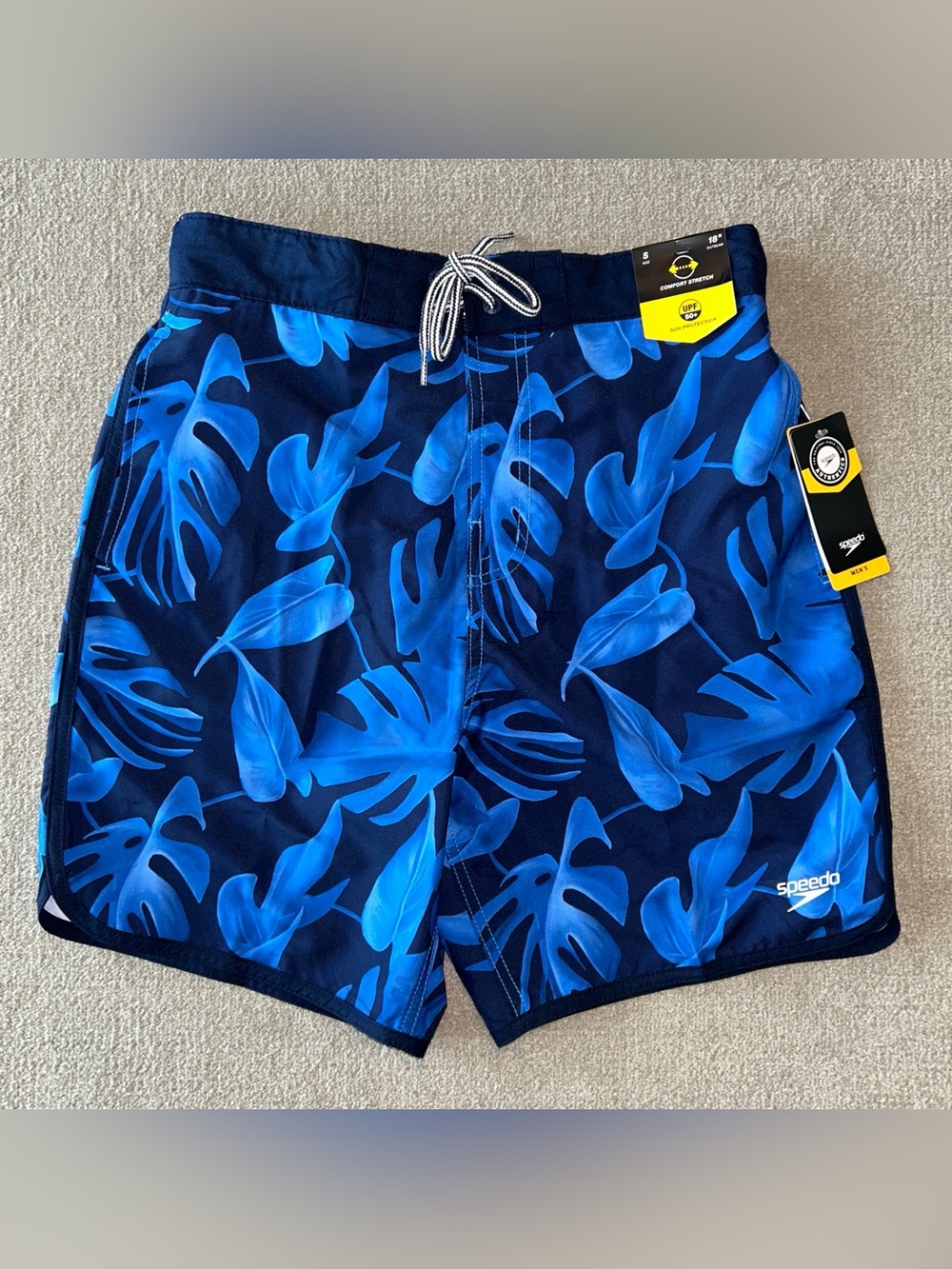 Speedo E-Board Swim Shorts Men S Blue Tropical Floral Print Mesh Lined UPF 50+